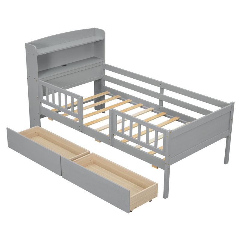 Lit plateforme simple en bois avec éclairage à DEL intégré, tête de lit multifonctionnelle, garde-corps et 2 tiroirs, Gris