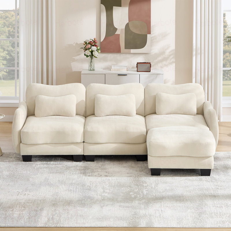 Chenille L-Shaped Sofa with 1 Movable Ottoman, Oversized 3-Seater Sectional with 3 Exquisite Waist Pillows,Ergonomically designed,Easy to Assemble Modular Couch
