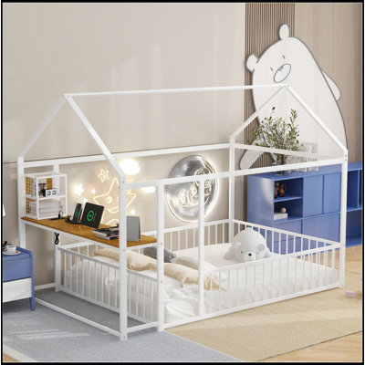 Structure de lit pleine grandeur en métal avec bureau, tablettes, prises de courant et ports USB