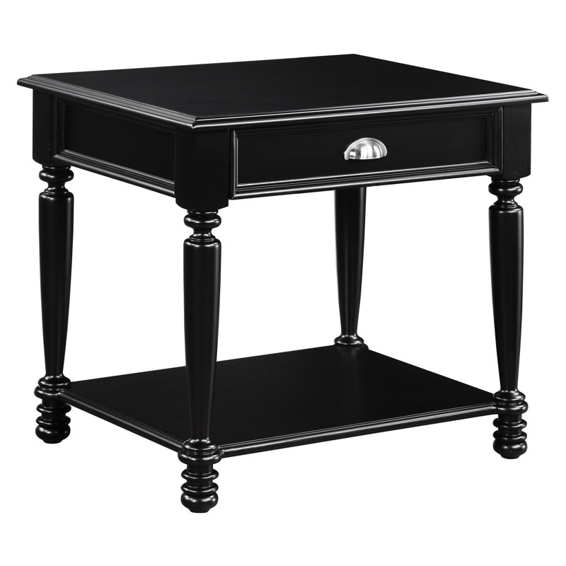Table de bout en bois avec finition noire, tiroir et tablette pour salon traditionnel de style classique