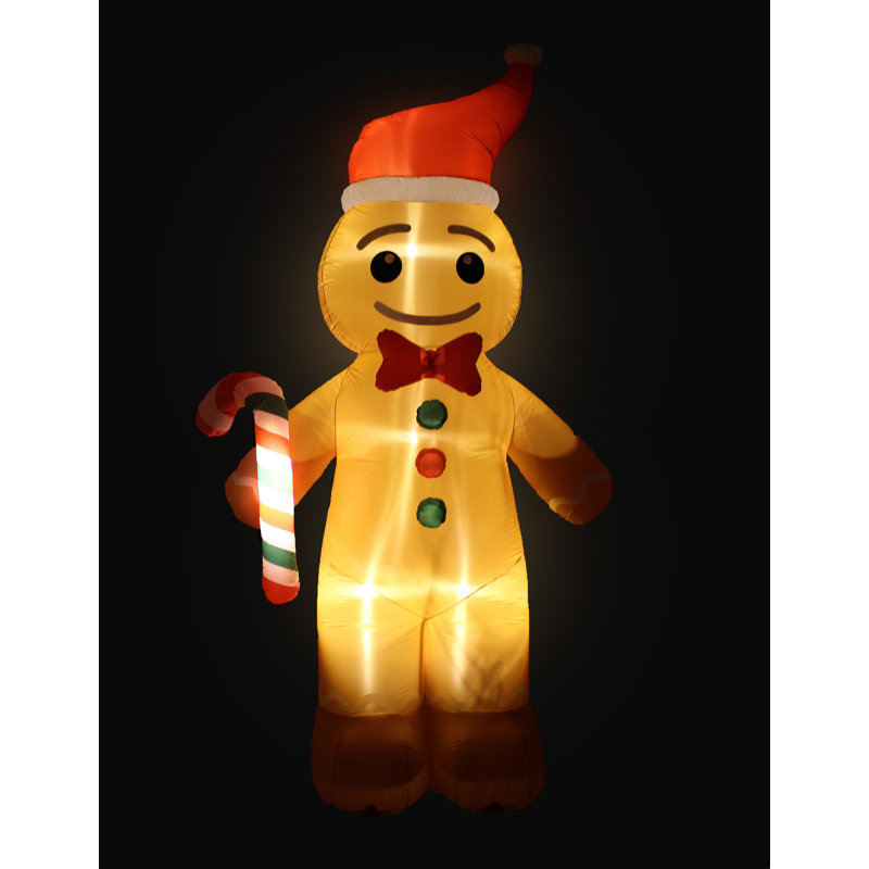 Grand homme gonflable en pain d'épice de Noël 12 pieds avec canne en bonbon rouge et vert avec lumières DEL intégrées