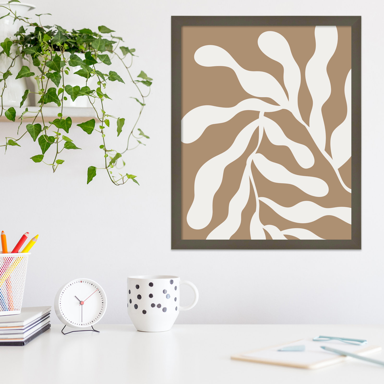 Retro Matisse Inspired Abstract Botanical 1 Beige by The Creative Bunch Studio, Brown, 21" H x 17" W x 1" D