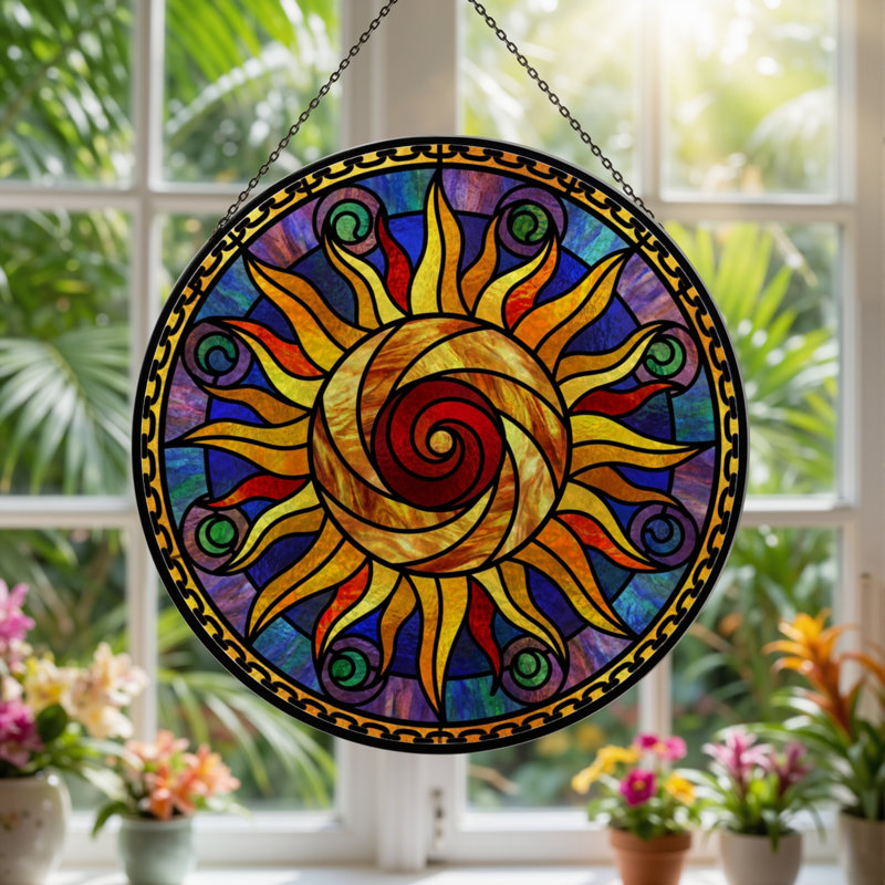 Panneau de vitrail en verre coloré 12 "H Sun, H 12 po x l 12 po