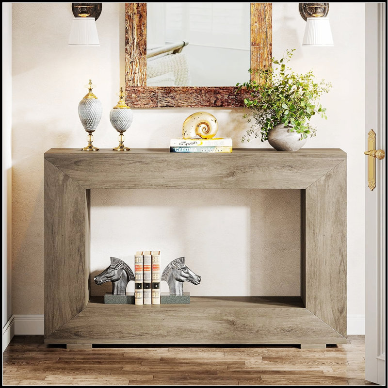 47” Farmhouse Console Table with Storage – Narrow Rustic Entryway Table with Open Shelf, Industrial Accent for Modern Interiors