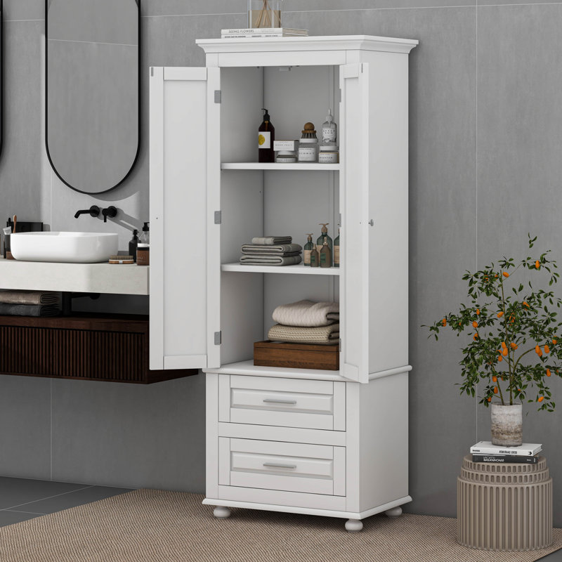 Tall Storage Cabinet With Two Drawers, White