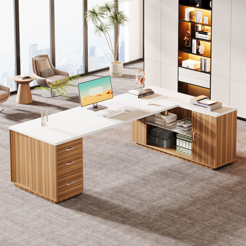 85.8-Inch L-Shaped Executive Desk, White/Brown