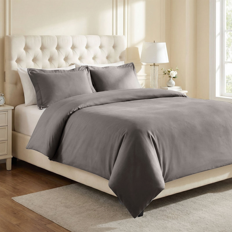1200 Thread Count Cotton-Polyester Blend Solid Sateen Weave 3-Piece Duvet Cover Set, Full/Queen+ 2 Shams, Gray
