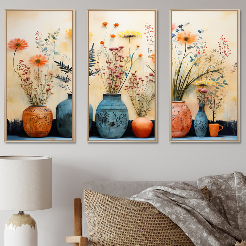 «Blue Floral Watercolor Pottery IV - Boho Pottery», art mural, H 28 po x l 36 po x P 1 po, Cadre flottant brun