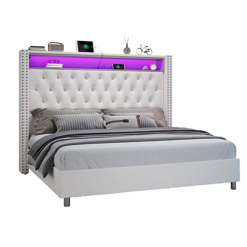 Lit plateforme tapissier Mansuur, Grand, Crème