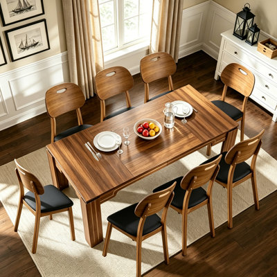 Ensemble de table de salle à manger en noyer de 71 po pour 6-8 personnes, ensemble de salle à manger Mid-Century moderne avec chaises rembourrées en similicuir et structure en bois massif Dittmer
