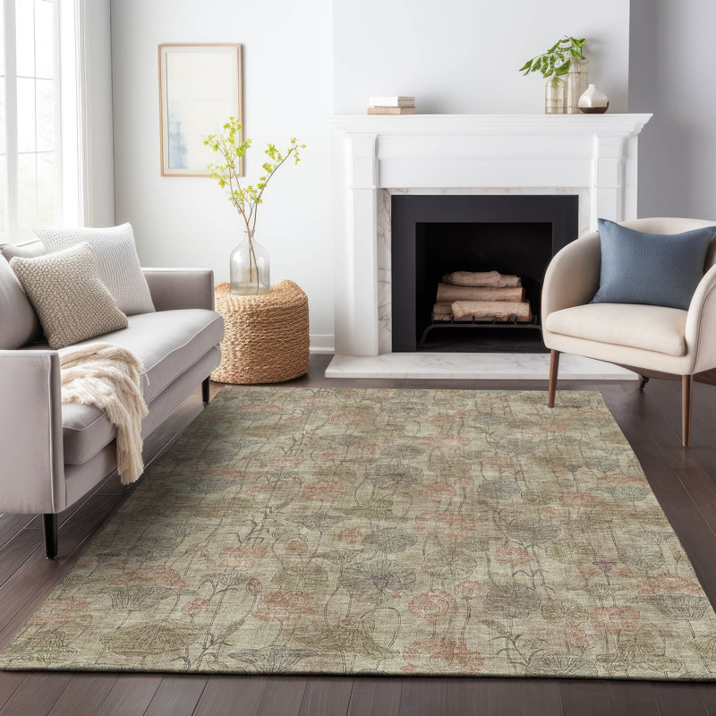 Tapis floral intérieur / extérieur lavable à la machine Jocelyn ACN2128, Rectangle 10 pi x 14 pi