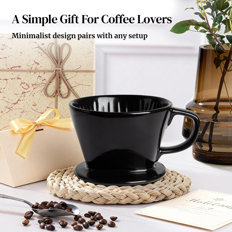 4.3" Ceramic Coffee Dripper, Glossy Black Pour Over Coffee Filter With 3-Hole Design & Internal Ridges, Food-Safe Ceramic, 1-2 Cups Capacity