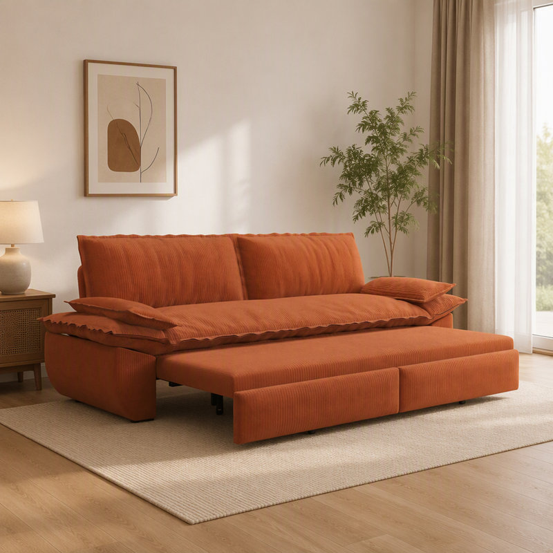 Canapé-lit gigogne Queen de 186 cm (73,2 po), canapé-lit convertible 3 en 1, causeuse multifonctionnelle en velours côtelé orange