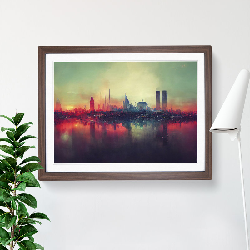 Dystopian London Skyline Abstract - Single Picture Frame Painting, 46cm H x 64cm W x 2cm D, Walnut