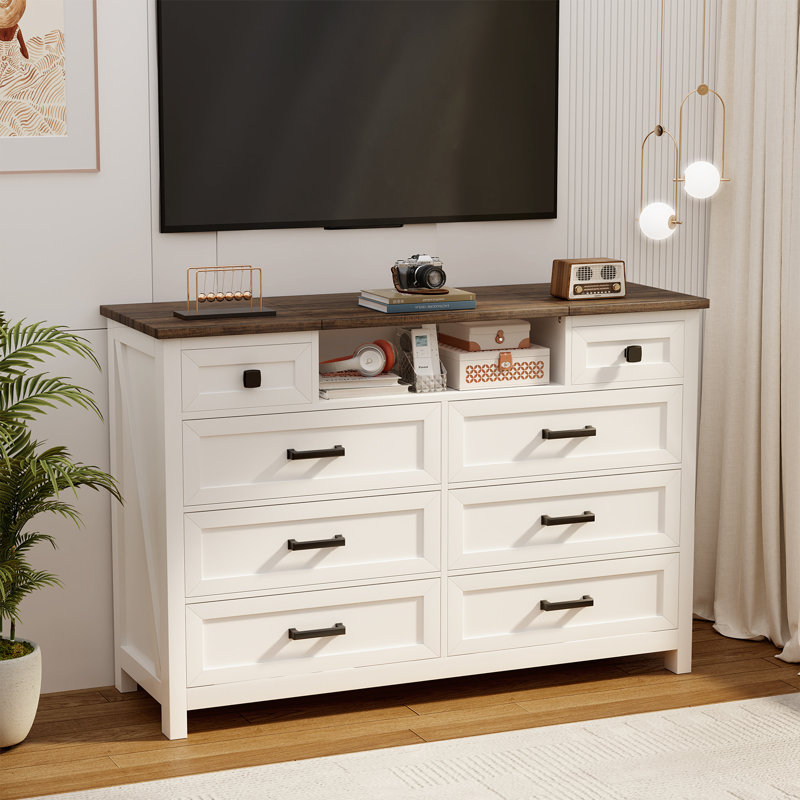 Dresser with Mirror, White Dresser for Bedroom, 8 Drawers Makeup Vanity with LED Mirror