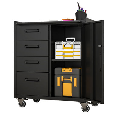 Armoire de rangement robuste pour outils en métal avec roulettes - Armoire de rangement pour outils pour le garage, le bureau et la maison, noir / gris
