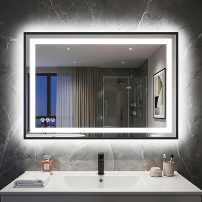 LED Bathroom Mirror with Lights, Vanity Mirror for Wall with Black Frame, Touch Control, Anti-Fog, Dimmable Lights, Shatter-Proof, Memory Function, Wall-Mounted Vanity Mirrors