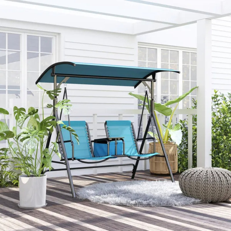 Blue 2-Person Porch Swing with Adjustable Canopy, Storage Table & Cup Holders