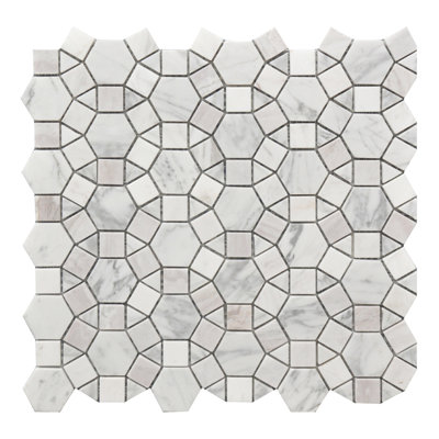 White Marble Kaleidoscope 12x12 Mosaic Tile – Geometric Mosaic Tile for Kitchen, Backsplash, Bathroom & Shower Wall (set of 11)