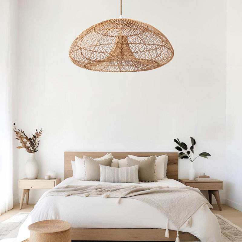 Luminaire suspendu en rotin Abyssal - Grand globe brun naturel 1 lumière poli tissé à la main à intensité variable pour îlot de cuisine, cuisine, salle à manger, salon, chambre à coucher ou couloir de style moderne, campagnard et bohème