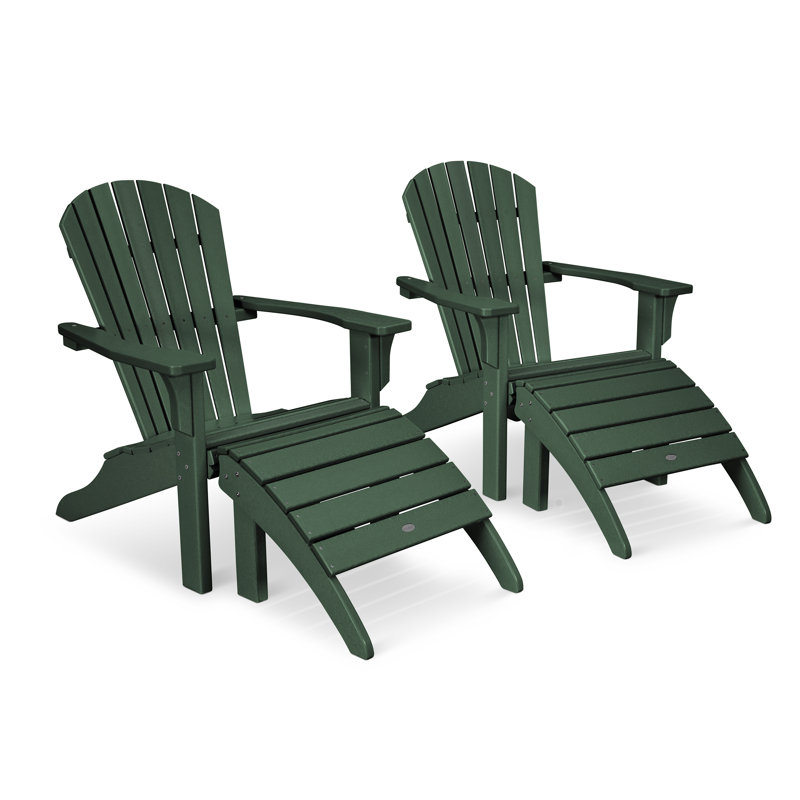 POLYWOOD Seashell Adirondack Set with Ottomans, Green
