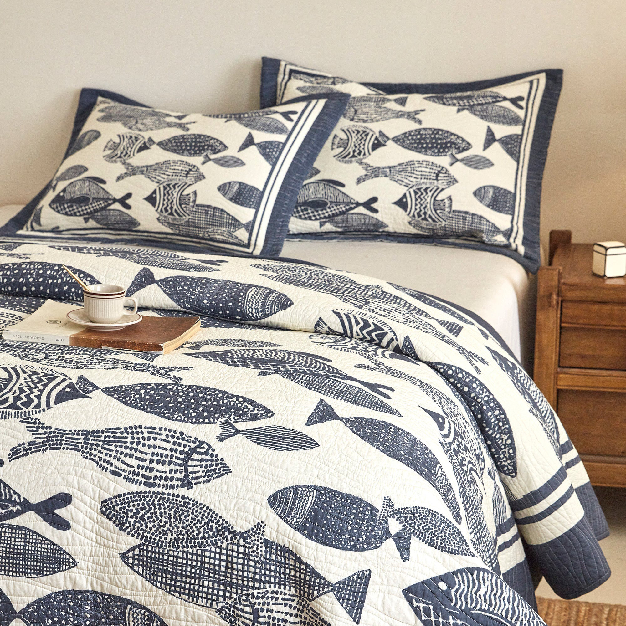 Fish Bedspread MarCielo Cotton Nautical Fish Print Quilt Bedspread Set - Wayfair Canada