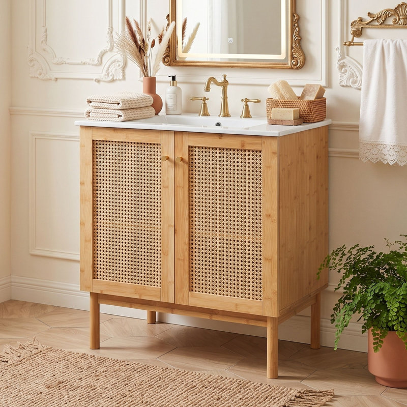 Meuble-lavabo en bambou avec lavabo en céramique et portes en rotin