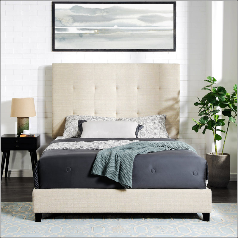 Queen Size Beige Tufted Upholstered Platform Bed