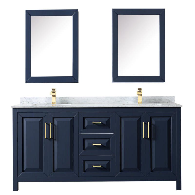 Daria 72'' W Double Vanity, White Cultured Marble, Dark Blue, Brushed Gold