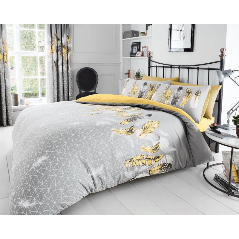Modern Feather Design Duvet Cover Set with Matching Pillowcases - Polycotton Fabric Bedding, Double, Yellow
