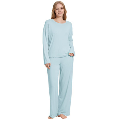  Womens Pajamas Set Soft Pjs Bathrobe Bamboo Long Sleeve Loungewear Wide Leg Pants Set Light Blue XL