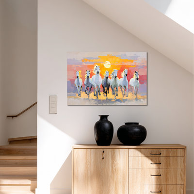 GUTTATY Horse Wall Art, 7 Horses Running Painting Vastu With Frame, Horse Pictures Wall Decor for Living Room, 7 Running Horses Painting Large Horse Poster Art Framed for Bedroom or Office, Vintage Horse Prints Wall Decor 12" × 16"