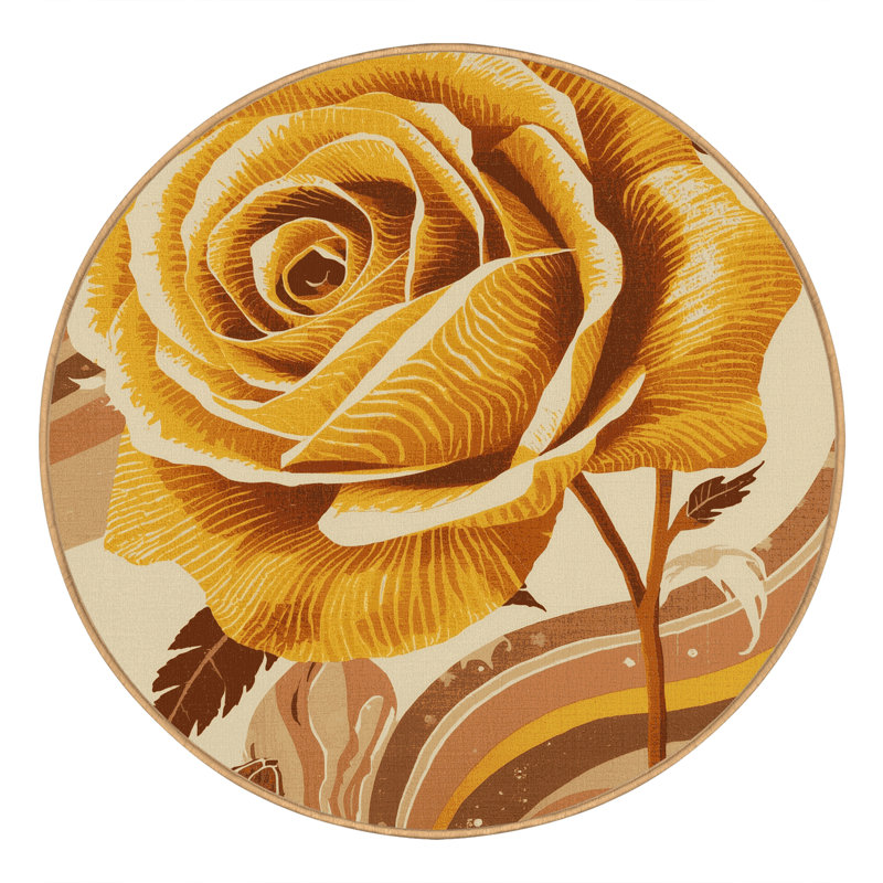 Machine Washable Ortencia Rose Eclectic Floral Rug in Brown – LightBrown Binding, 3' Round