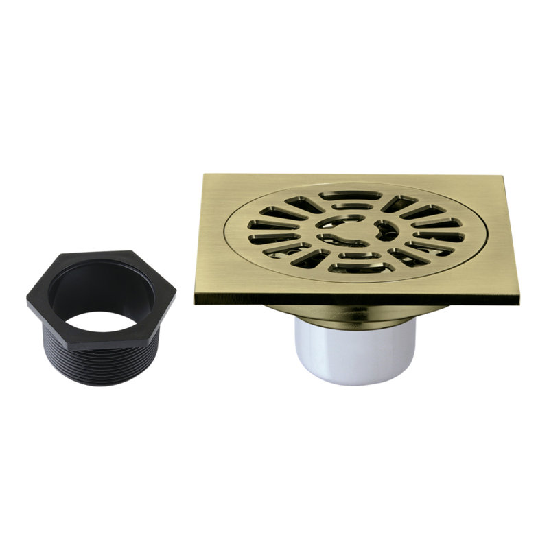 Kingston Brass Watercourse 4-Inch Square Brass Shower Drain, Antique Brass