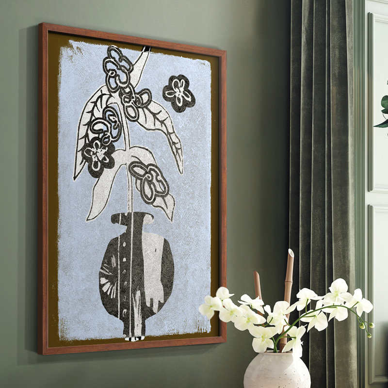 Fleurs graphiques dans un vase IV, reproduction encadrée - bois massif, Brun, H 20 po x l 16 po