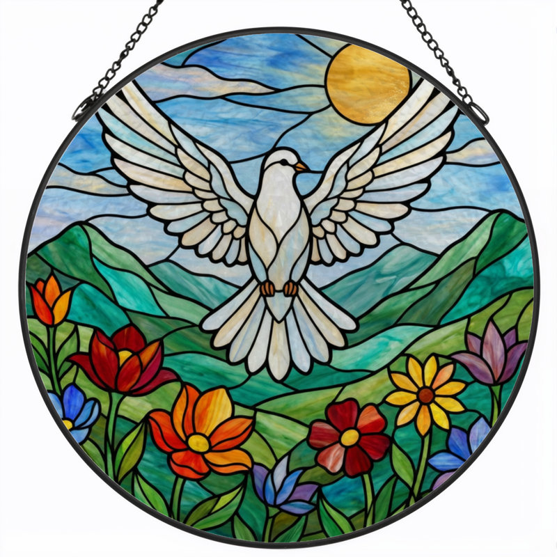 12"H Dove Sky Stained Glass Window Panel, 12" H x 12" W