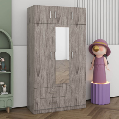 Armoire 3 portes avec porte miroir et armoire supérieure, garde-robe en bois avec rail suspendu, 2 tiroirs et 4 tablettes de rangement à 4 niveaux