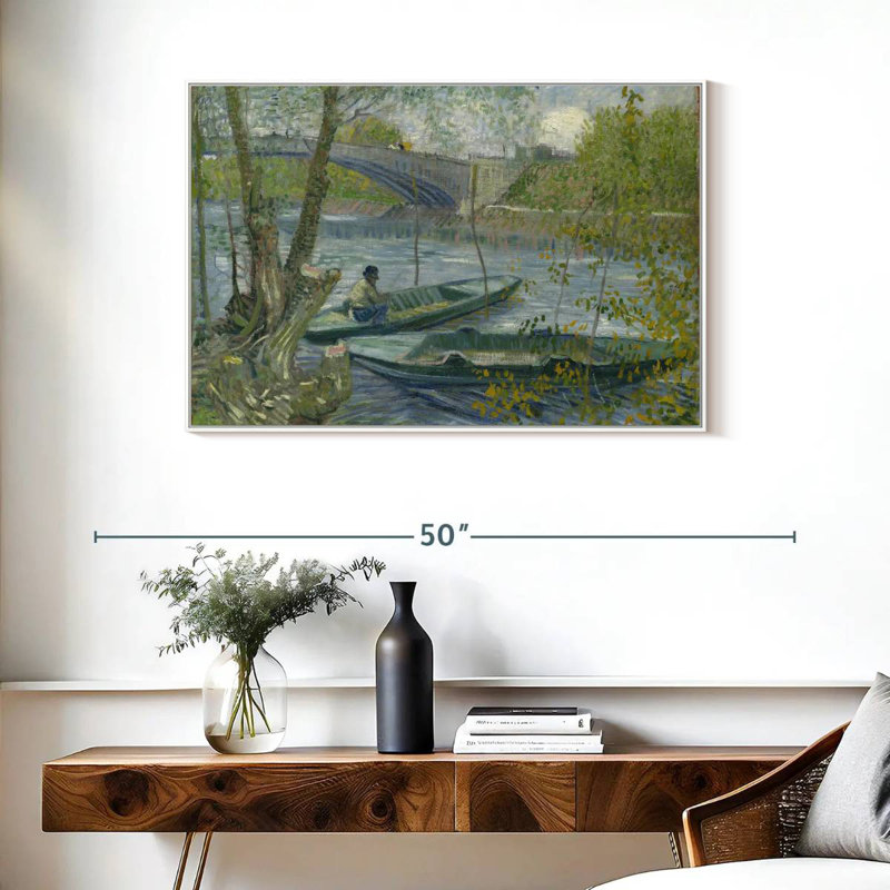 Pêche au printemps, 37 po x 25 po, Cadre flottant blanc