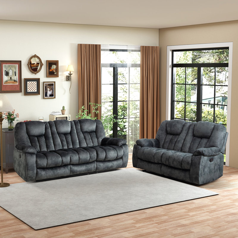 Quiteris 2 Piece Modern Oversized Manual Microfiber Reclining Living Room Set with Cupholders, Charcoal Grey