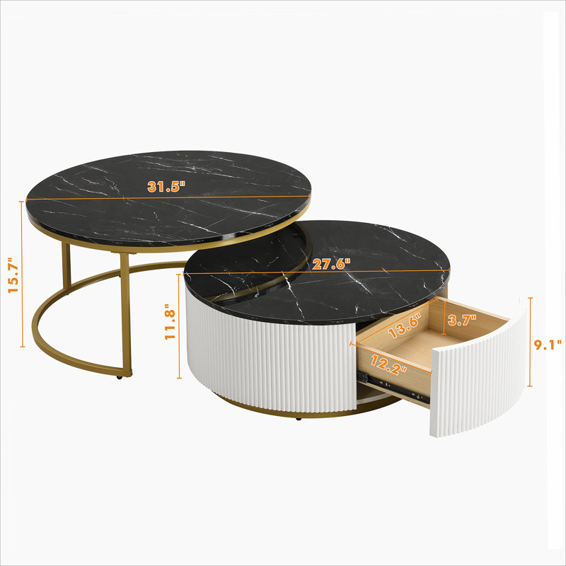 Table basse gigogne moderne moderne cannelée avec tiroir de 31,5 po