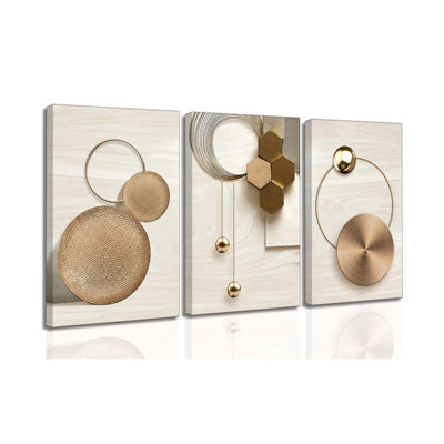 3 Pcs Abstract Geometric Boho Canvas Wall Art Mid Century Modern Minimalist Aesthetic Luxury Metal Artwork Pictures Wall Decor Posters Prints For Living Room Bedroom Office Home Decoration