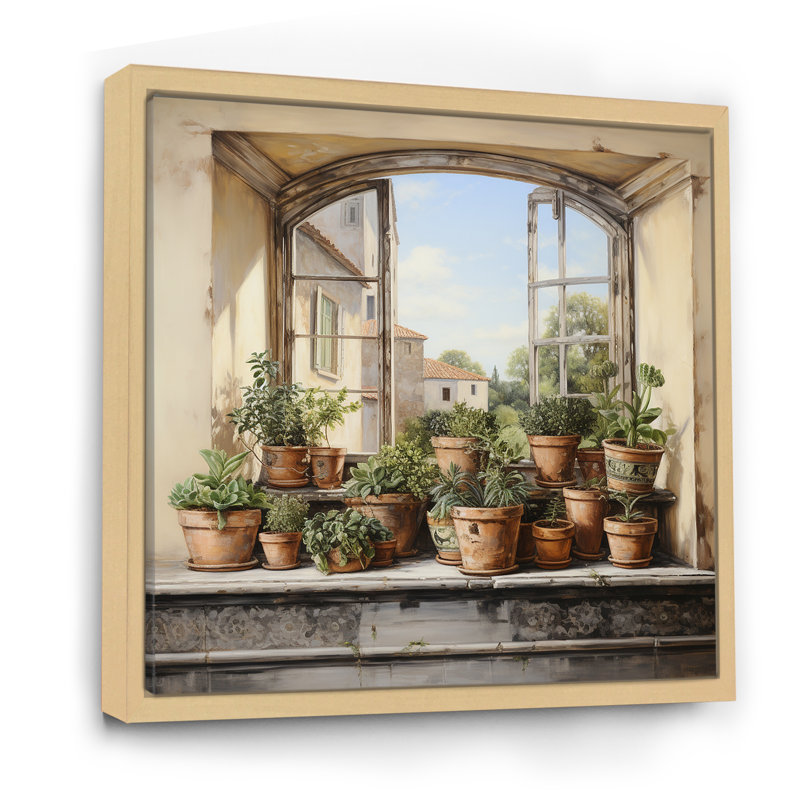 «Italian Poteries Window Charm», art mural fenêtres de ferme, H 30 po x l 30 po x P 1,5 po, Cadre flottant brun