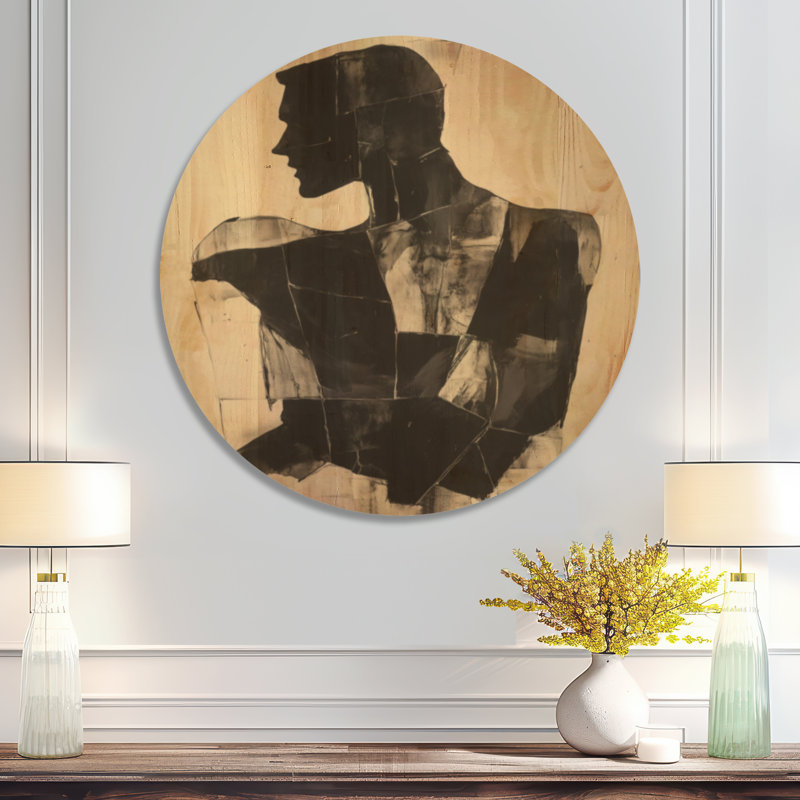 Silhouette fracturée - Portrait noir abstrait, impression d'art mural ronde en bois, Rond 23 po, Rond