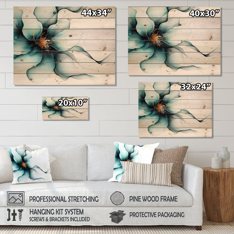 Abstrait pivoine verte sur une rivière de marbre II - décoration murale en bois moderne sur bois de pin naturel