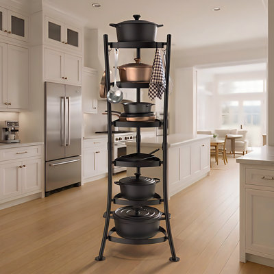 264 Lbs Capacity Freestanding Pot Rack, 6-Tier Cast Iron Cookware Stand with 6 Hooks, Pots and Pans Storage Tower for Kitchen Black