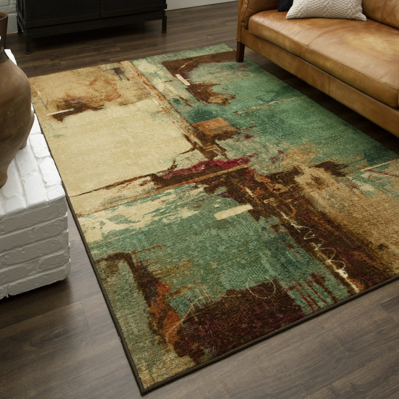 Tapis contemporain bleu, beige et brun à motif abstrait, Rectangle 3 pi 9 po x 5 pi