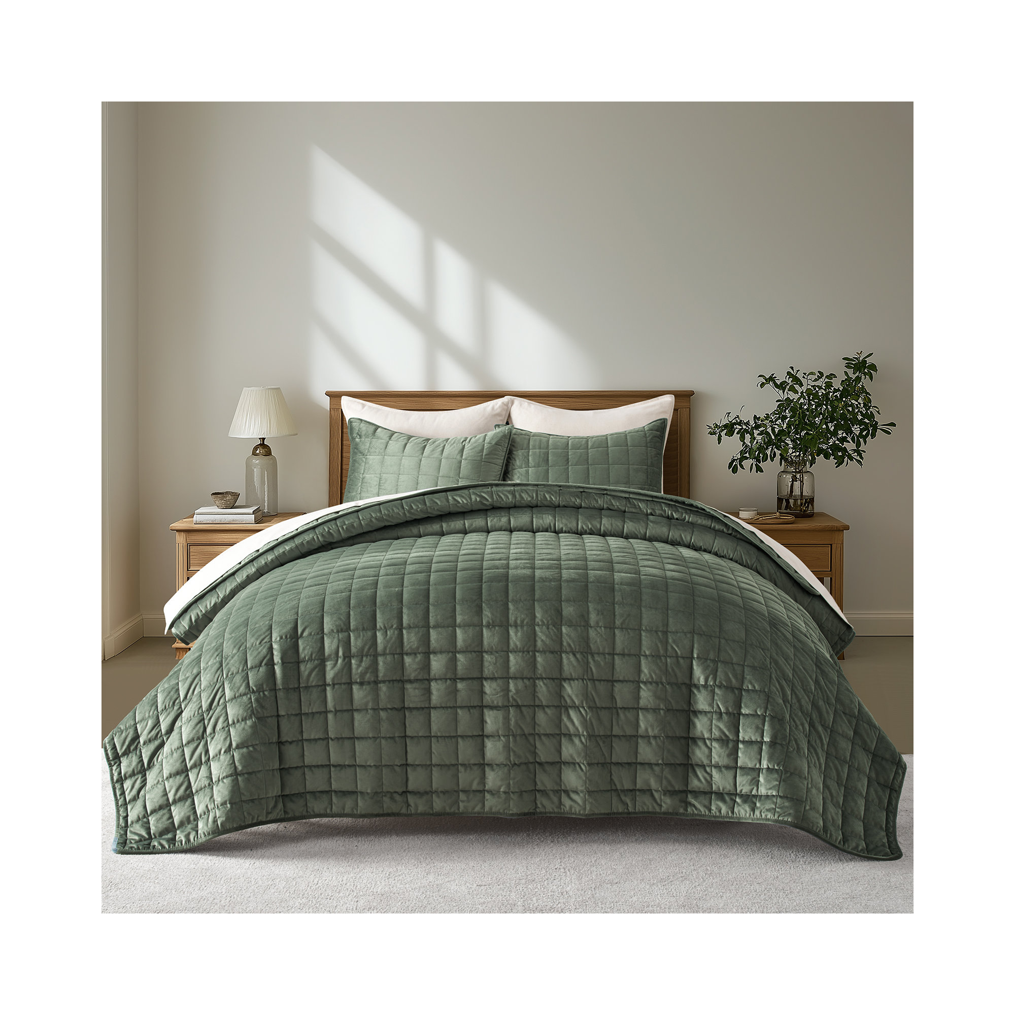 Box Stitch PearlVelvet Quilt set, Olive Green, Queen Quilt + 2 Standard Shams
