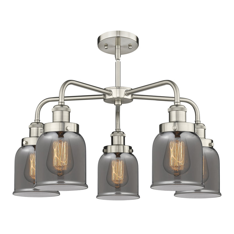 Bell - 5 Light 23" Stem Hung Chandelier - Satin Nickel Finish - Light Smoke Glass Shade, Plated Smoke, Satin Nickel