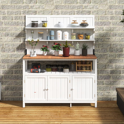 Poste de travail en bois de sapin massif de 50,2 po en blanc | Banc de rempotage avec huche | Grand comptoir | 2 tablettes, 2 armoires, 3 crochets latéraux | Table de plantation d'extérieur pour le jardinage