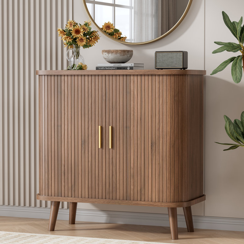 Sliding Louvered Door Side Cabinet with Adjustable Shelves and Curved Side Panels Modern Minimalist Storage Solution, Brown